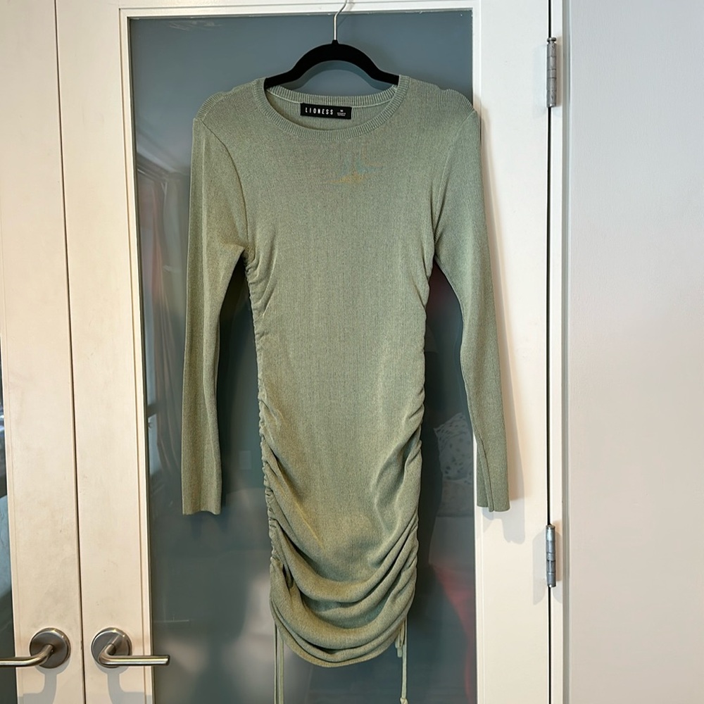 Light green, side cinch sweater dress. Perfect for fall!